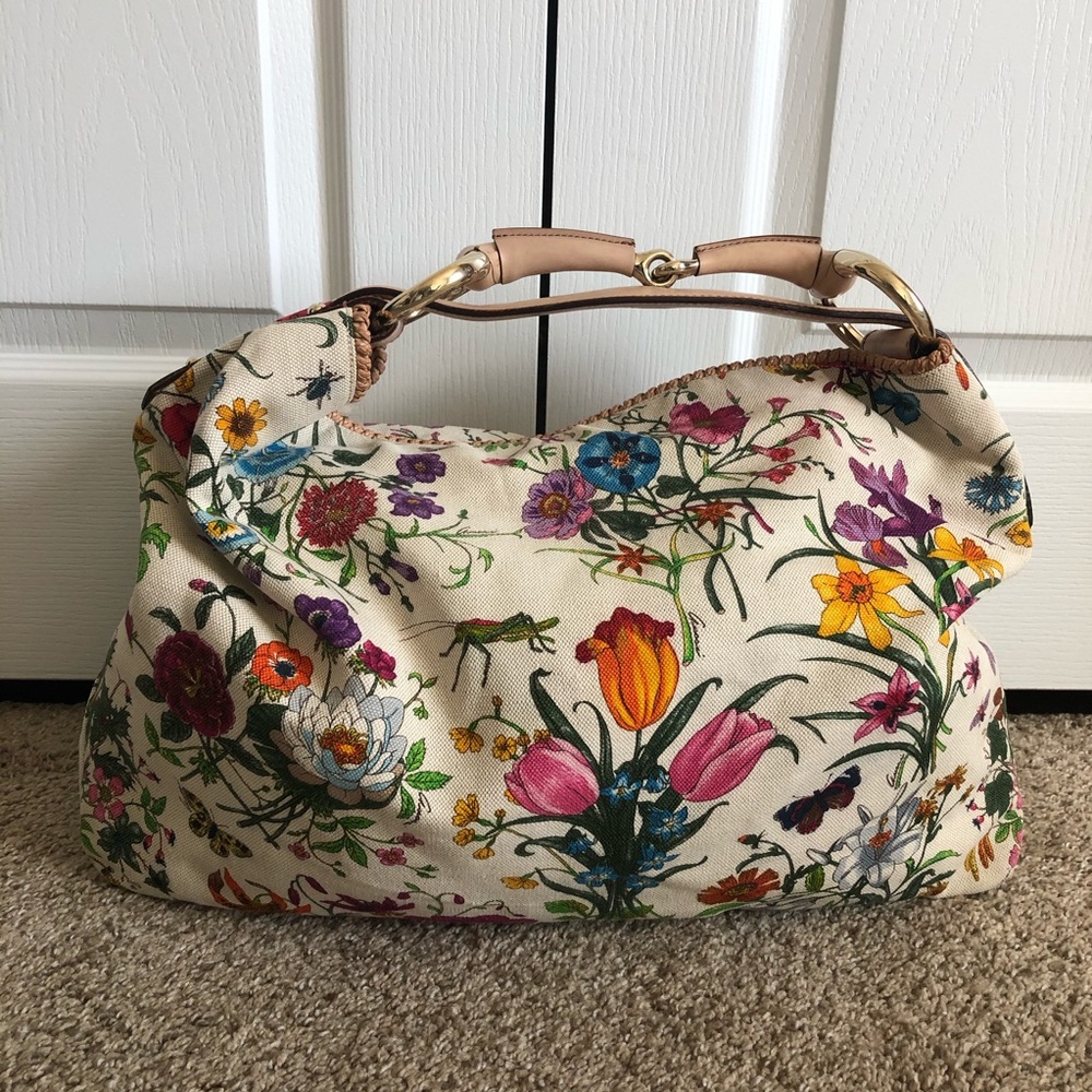 Authentic Gucci Floral Horsebit Hobo Bag Large